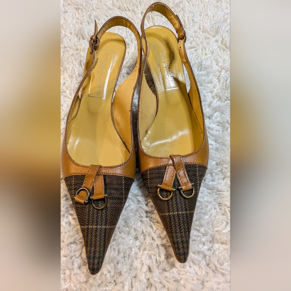 Saks Fifth Avenue Brown Leather Plaid Slingback Shoes Kitten Heels Italy Size 7